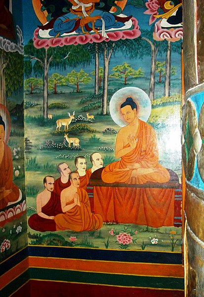 File:Gautama Buddha teaching his first sermon in the Deer Park, Sarnath. Wall painting Manali.jpg